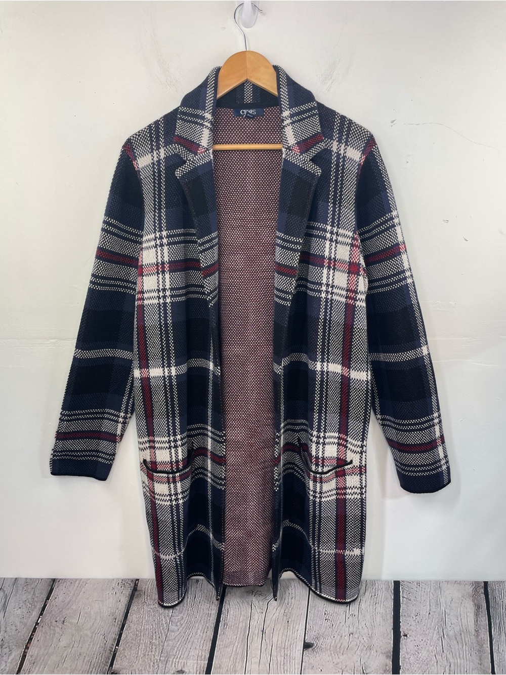 Chaps Plaid Open Front Cardigan Coat – Navy Burgundy & Cream size Large
